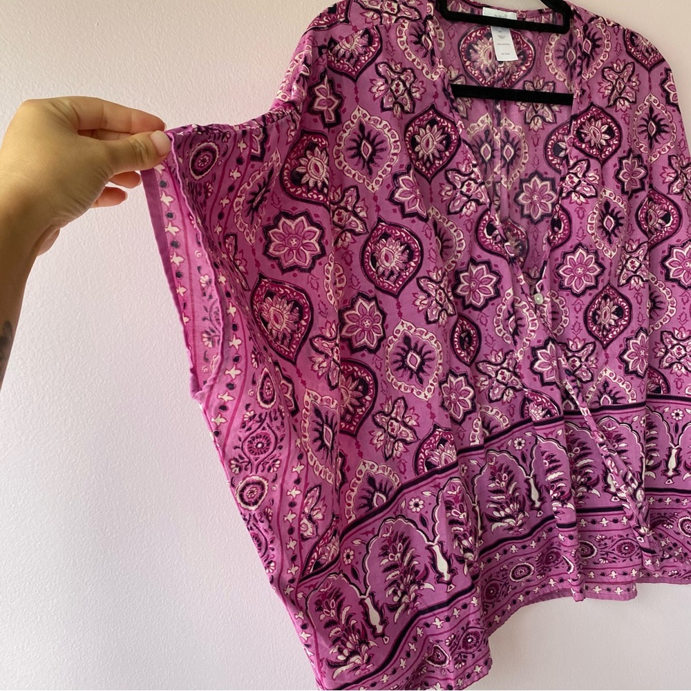 PURE JILL Cotton Mixed-medallion Print V-neck Poncho Top, Pink, Size S-L - Picture 6 of 17